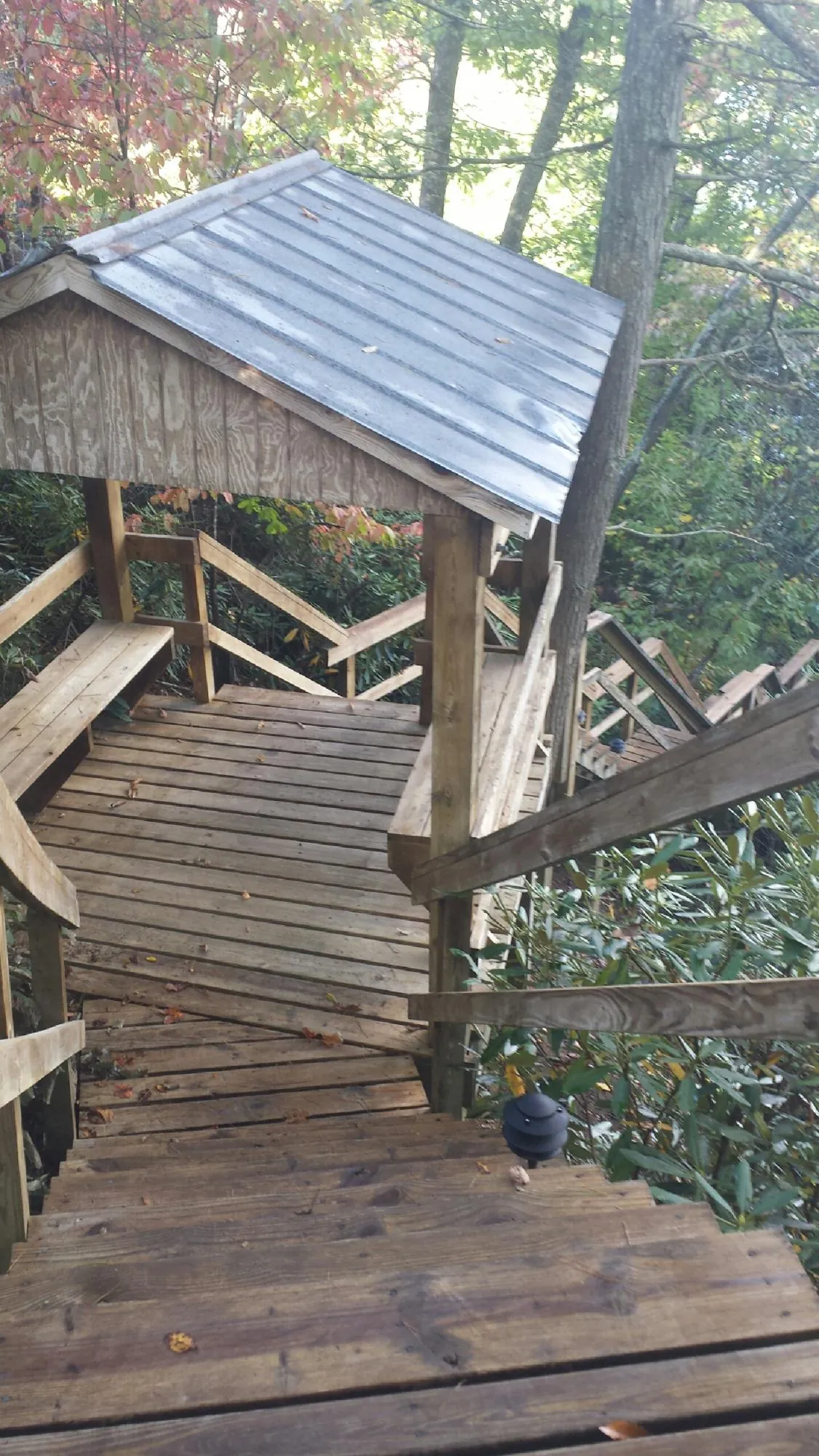Metal roofed shelter over wooden steps on a wooded walkway — Skylight Repair & Installation work by our crew in Pfeifer